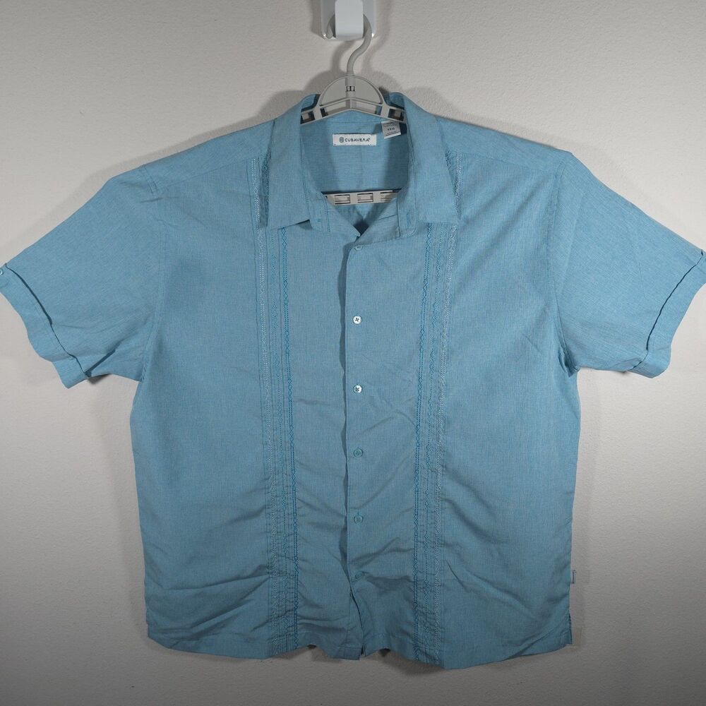 Cubavera Men XXL Blue Linen Blend Guayabera Shirt Embroidered Short Sleeve Beach